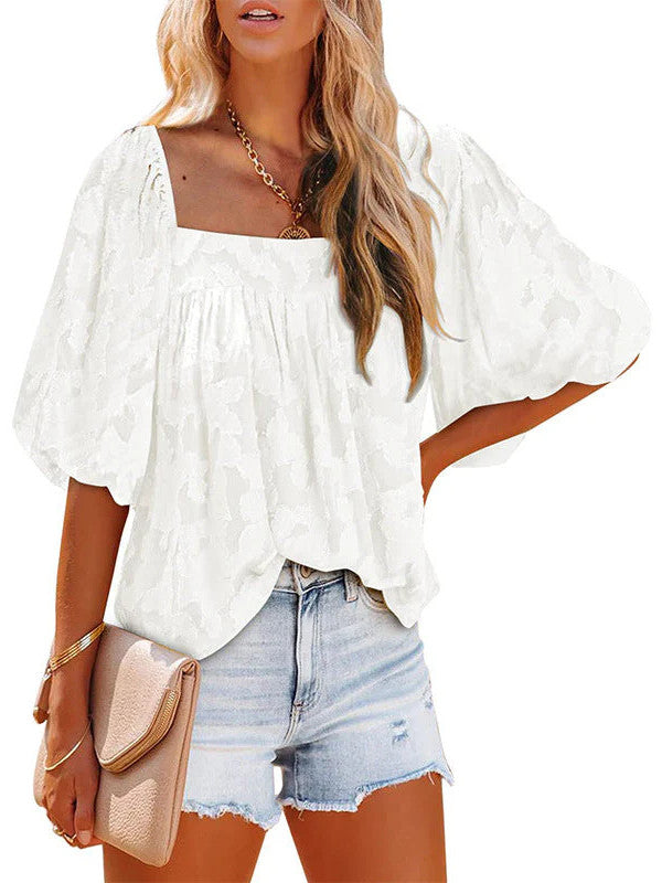 Ladies Square Collar Jacquard Chiffon Loose Tops