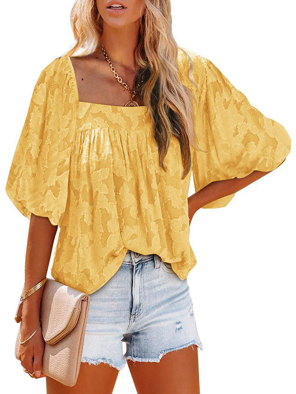 Ladies Square Collar Jacquard Chiffon Loose Tops