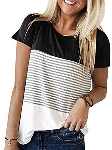 Striped Panel Crew Neck Short Sleeve Casual T-Shirt