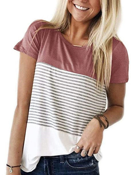 Striped Panel Crew Neck Short Sleeve Casual T-Shirt
