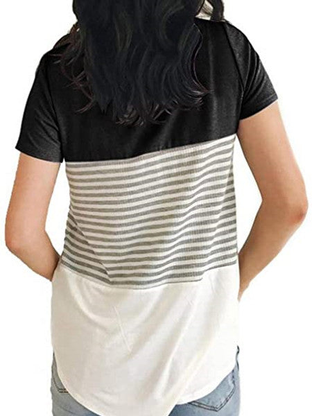 Striped Panel Crew Neck Short Sleeve Casual T-Shirt