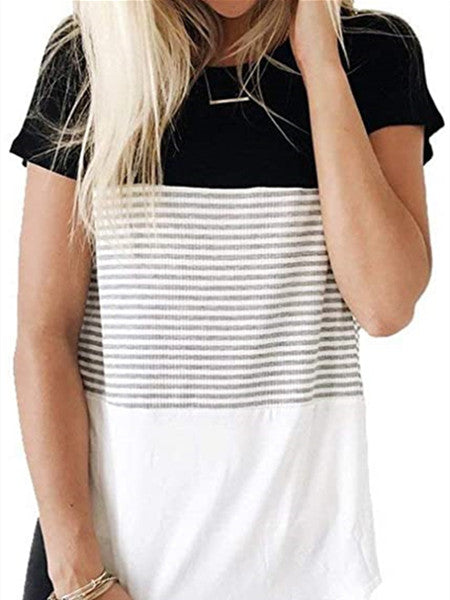 Striped Panel Crew Neck Short Sleeve Casual T-Shirt