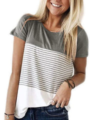 Striped Panel Crew Neck Short Sleeve Casual T-Shirt