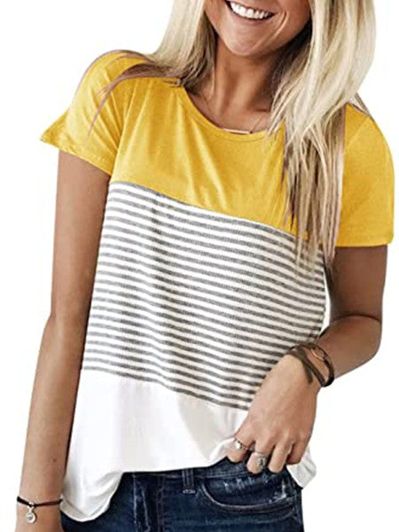 Striped Panel Crew Neck Short Sleeve Casual T-Shirt