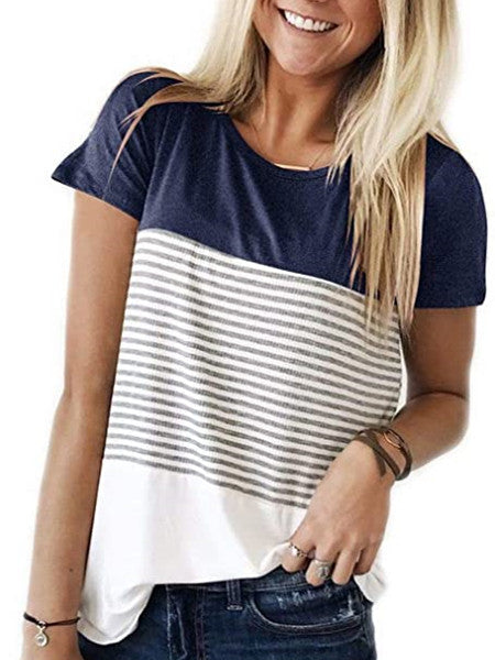 Striped Panel Crew Neck Short Sleeve Casual T-Shirt