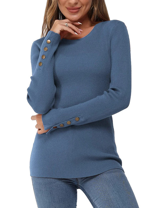 Women's Long Sleeve Button Crew Neck Pullover Sweater