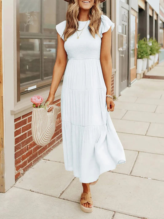 Women's Summer Casual Flutter Short Sleeve Smocked  Midi Dress