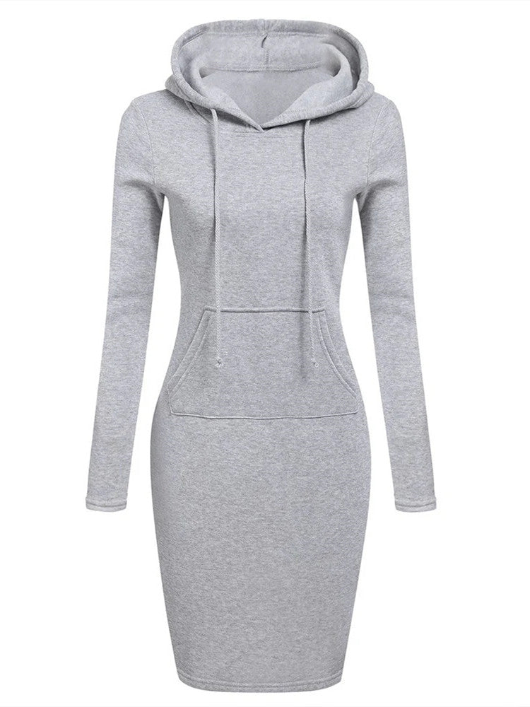 Women's Slim Casual Long Sleeve Pullover Pocket Knee Length Hoodie Dress