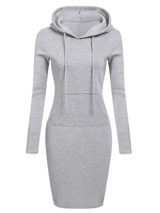 Women's Slim Casual Long Sleeve Pullover Pocket Knee Length Hoodie Dress