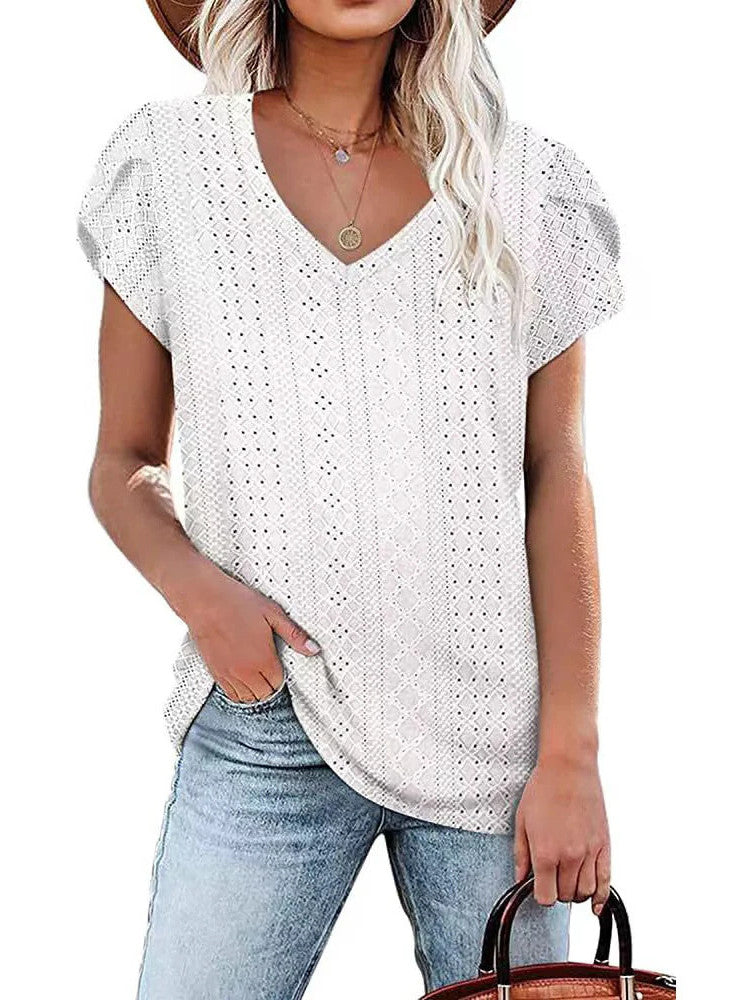 Solid color V-neck tile sleeve short-sleeved T-shirt