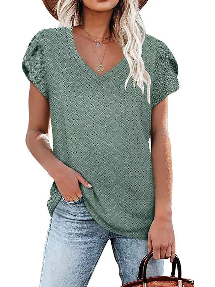 Solid color V-neck tile sleeve short-sleeved T-shirt