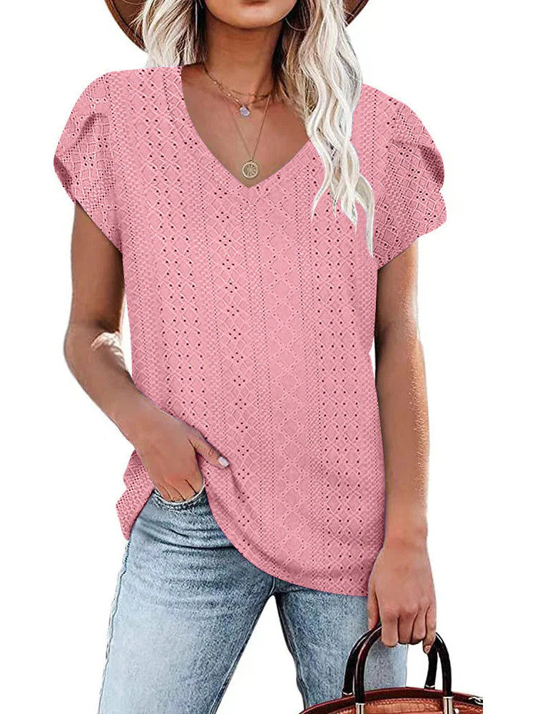 Solid color V-neck tile sleeve short-sleeved T-shirt