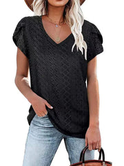 Solid color V-neck tile sleeve short-sleeved T-shirt