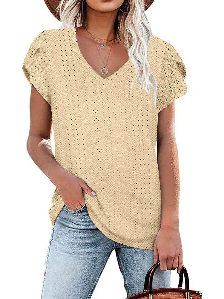 Solid color V-neck tile sleeve short-sleeved T-shirt