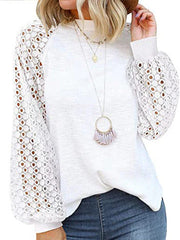 Round neck long sleeve lace splicing loose T-shirt