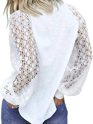 Round neck long sleeve lace splicing loose T-shirt