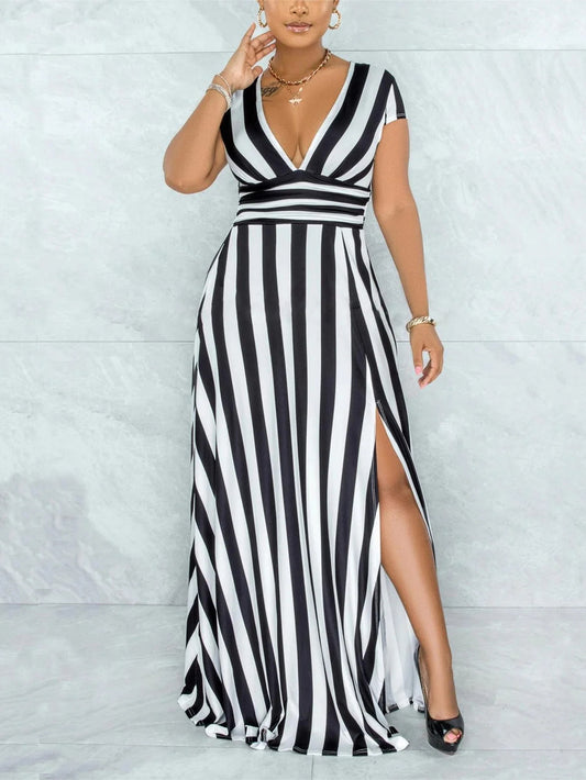 SEXY STRIPED HIGH WAIST MAXI DRESS