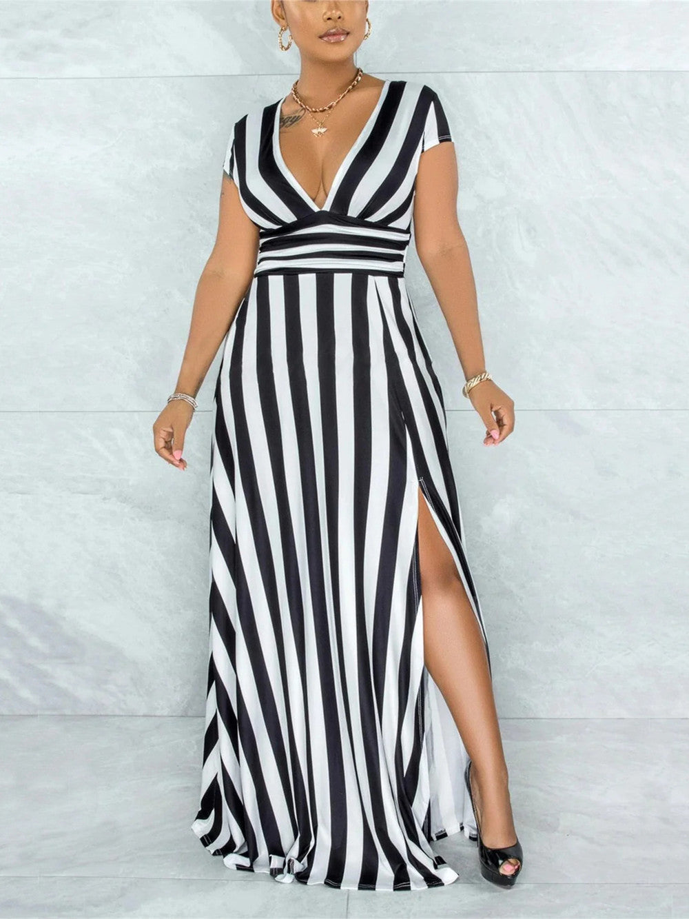 SEXY STRIPED HIGH WAIST MAXI DRESS