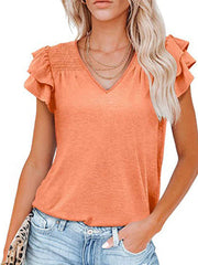 Solid Color V-neck Ruffle Short Sleeve