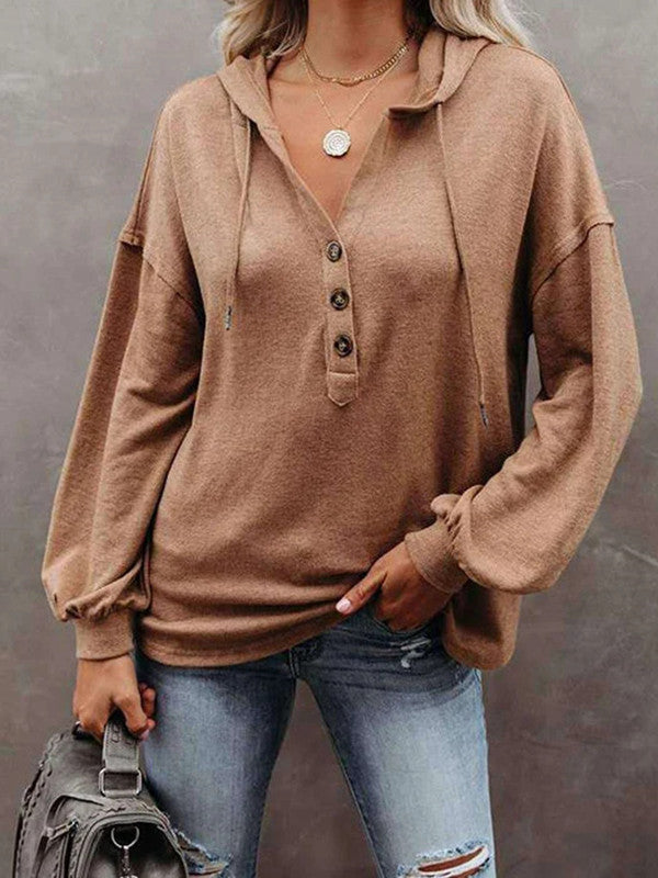 Button  Casual Loose Solid Color Closure Hoodie