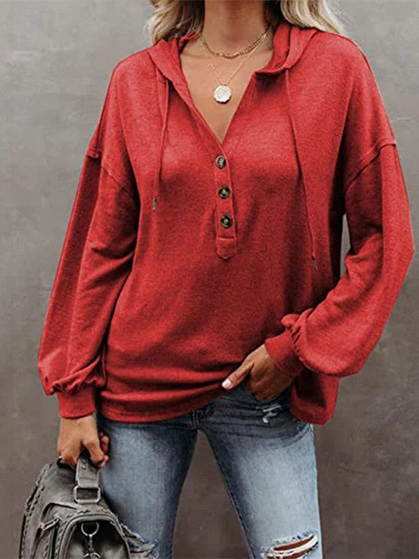 Button  Casual Loose Solid Color Closure Hoodie