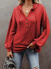 Button  Casual Loose Solid Color Closure Hoodie