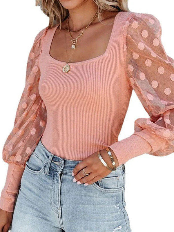 Square Neck Mesh Polka Dot Patchwork Pit Strip Long Sleeve