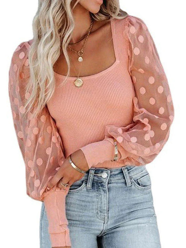 Square Neck Mesh Polka Dot Patchwork Pit Strip Long Sleeve