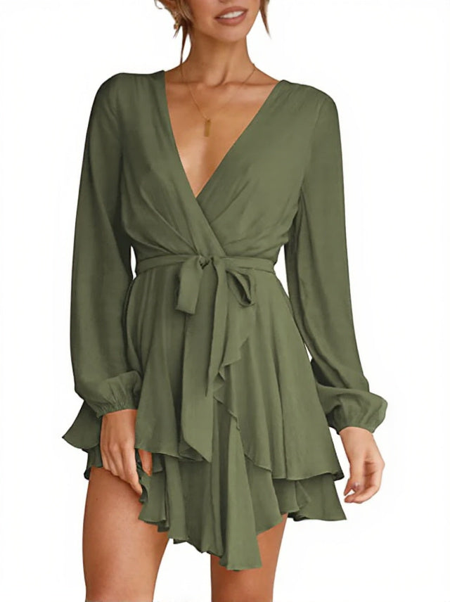 Deep V-Neck Long Sleeve Waist Mini Swing Skater Dresses
