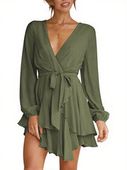 Deep V-Neck Long Sleeve Waist Mini Swing Skater Dresses