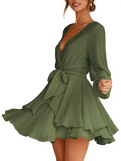 Deep V-Neck Long Sleeve Waist Mini Swing Skater Dresses