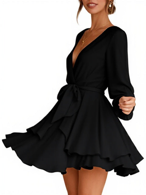 Deep V-Neck Long Sleeve Waist Mini Swing Skater Dresses