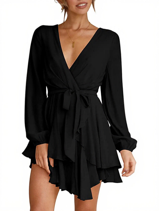 Deep V-Neck Long Sleeve Waist Mini Swing Skater Dresses