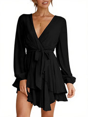 Deep V-Neck Long Sleeve Waist Mini Swing Skater Dresses