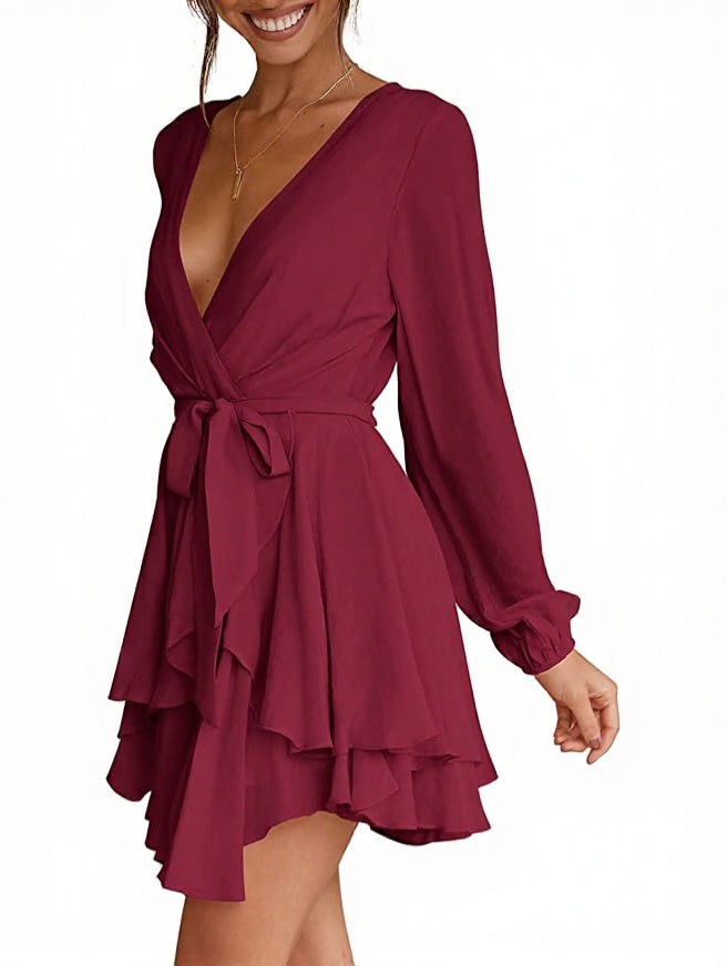 Deep V-Neck Long Sleeve Waist Mini Swing Skater Dresses