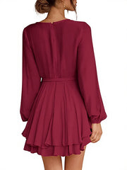 Deep V-Neck Long Sleeve Waist Mini Swing Skater Dresses