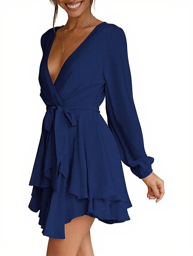 Deep V-Neck Long Sleeve Waist Mini Swing Skater Dresses