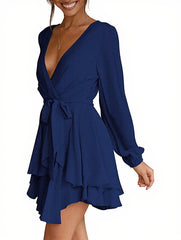 Deep V-Neck Long Sleeve Waist Mini Swing Skater Dresses