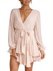 Deep V-Neck Long Sleeve Waist Mini Swing Skater Dresses
