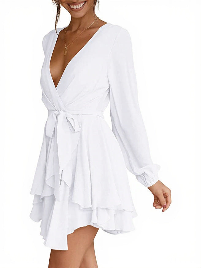 Deep V-Neck Long Sleeve Waist Mini Swing Skater Dresses
