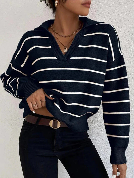 Spring Knitted Tops Versatile Polo Neck Striped Shirt