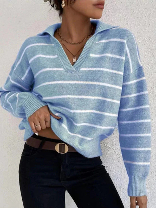 Spring Knitted Tops Versatile Polo Neck Striped Shirt