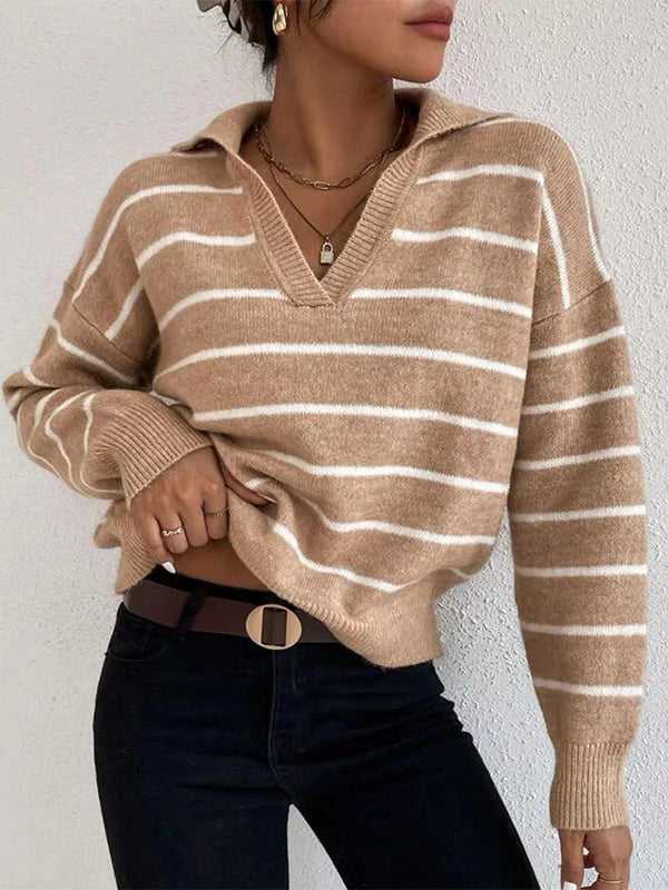 Spring Knitted Tops Versatile Polo Neck Striped Shirt