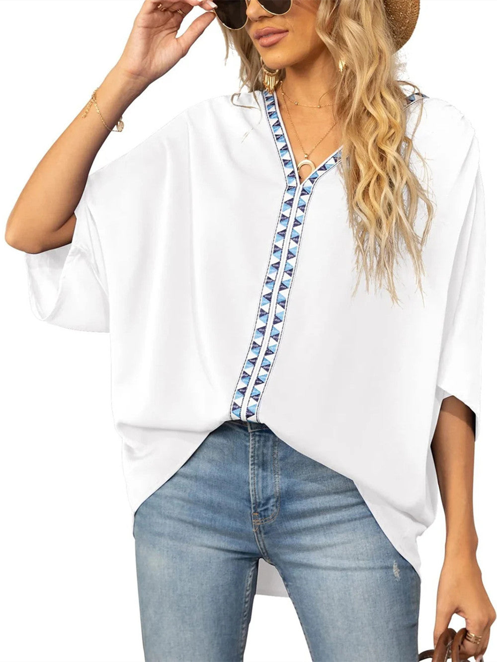 Summer New Women's Bat Sleeve V-neck T-shirt