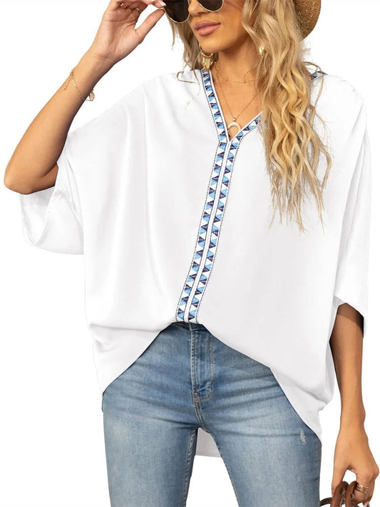 Summer New Women's Bat Sleeve V-neck T-shirt