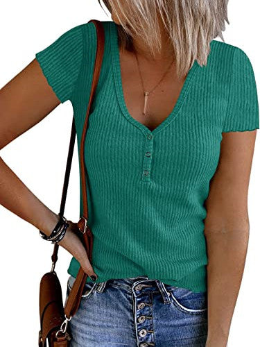 V-neck Button Temperament Short Sleeved Tops