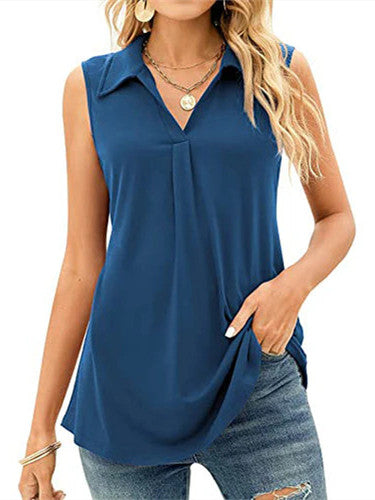 Solid Color Turn-down Collar Sleeveless Shirt