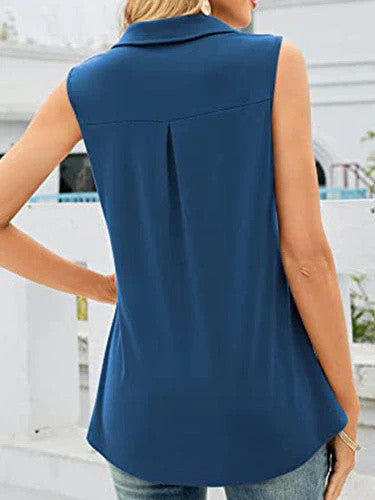 Solid Color Turn-down Collar Sleeveless Shirt