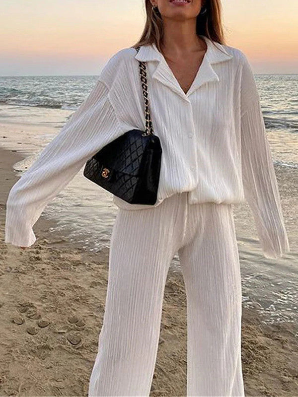 Causal Set Loose Button-Down Shirt and Pleated Wide Leg Pants
