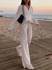 Causal Set Loose Button-Down Shirt and Pleated Wide Leg Pants